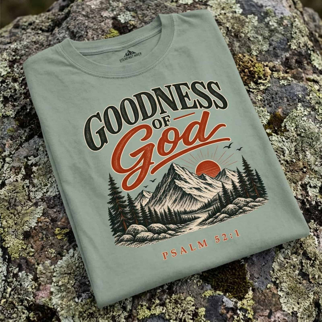 Folded Bay Goodness of God t-shirt with mountain, pine trees and red sun design on a lichen-covered rock