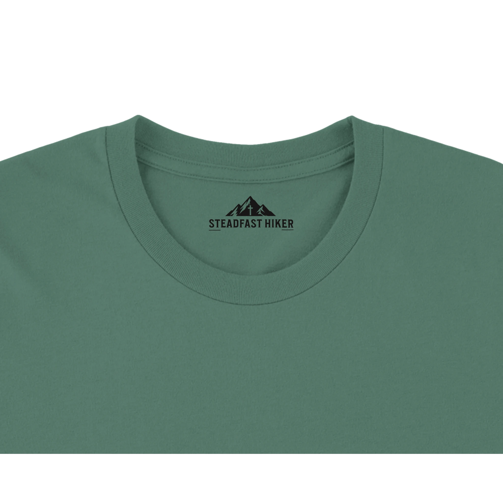 Neck label inside the Grateful Trails Christian hiking t-shirt.