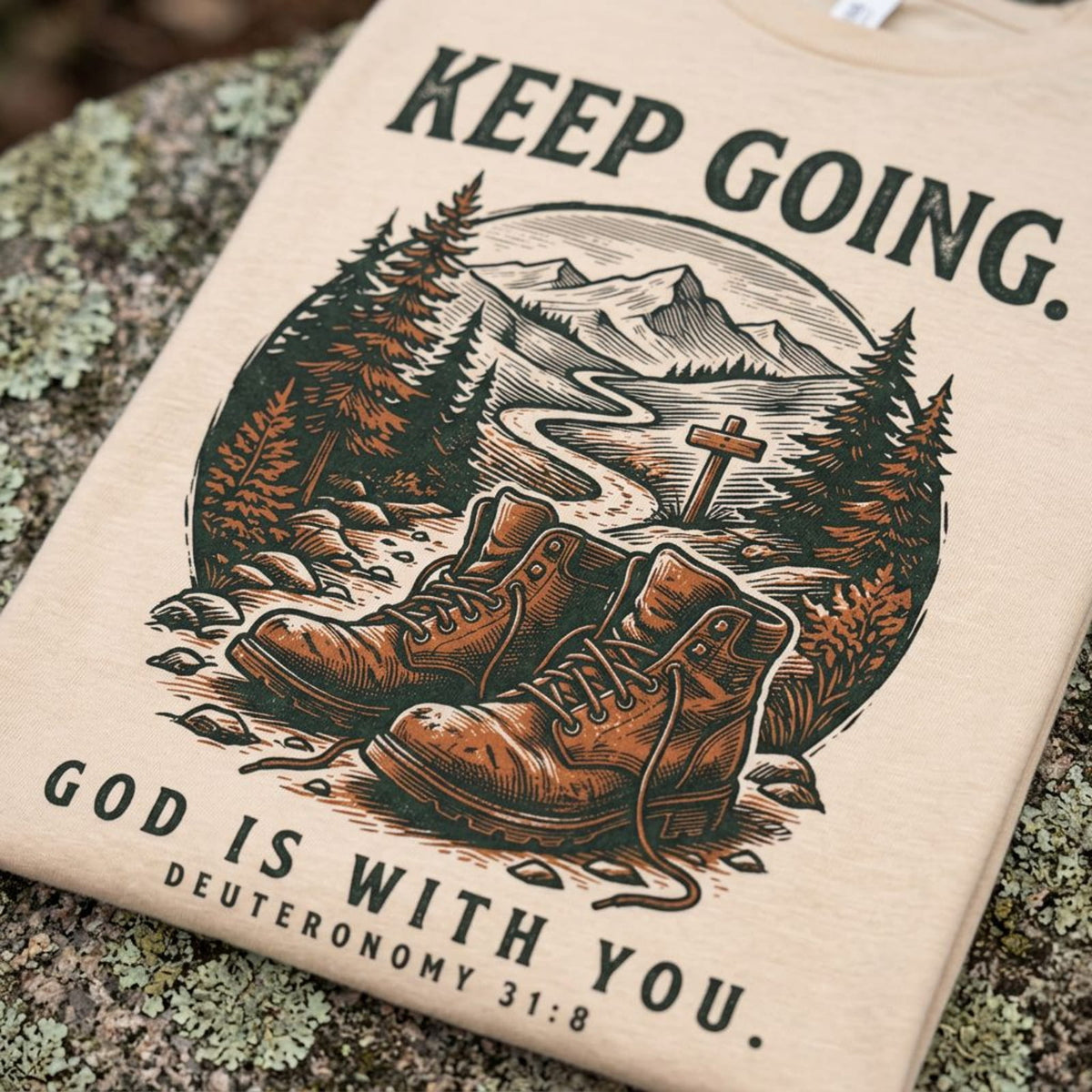 Close-up of the Keep Going worn boots design printed on an Ivory Christian hiking t-shirt resting on a rock, Deuteronomy 31:8