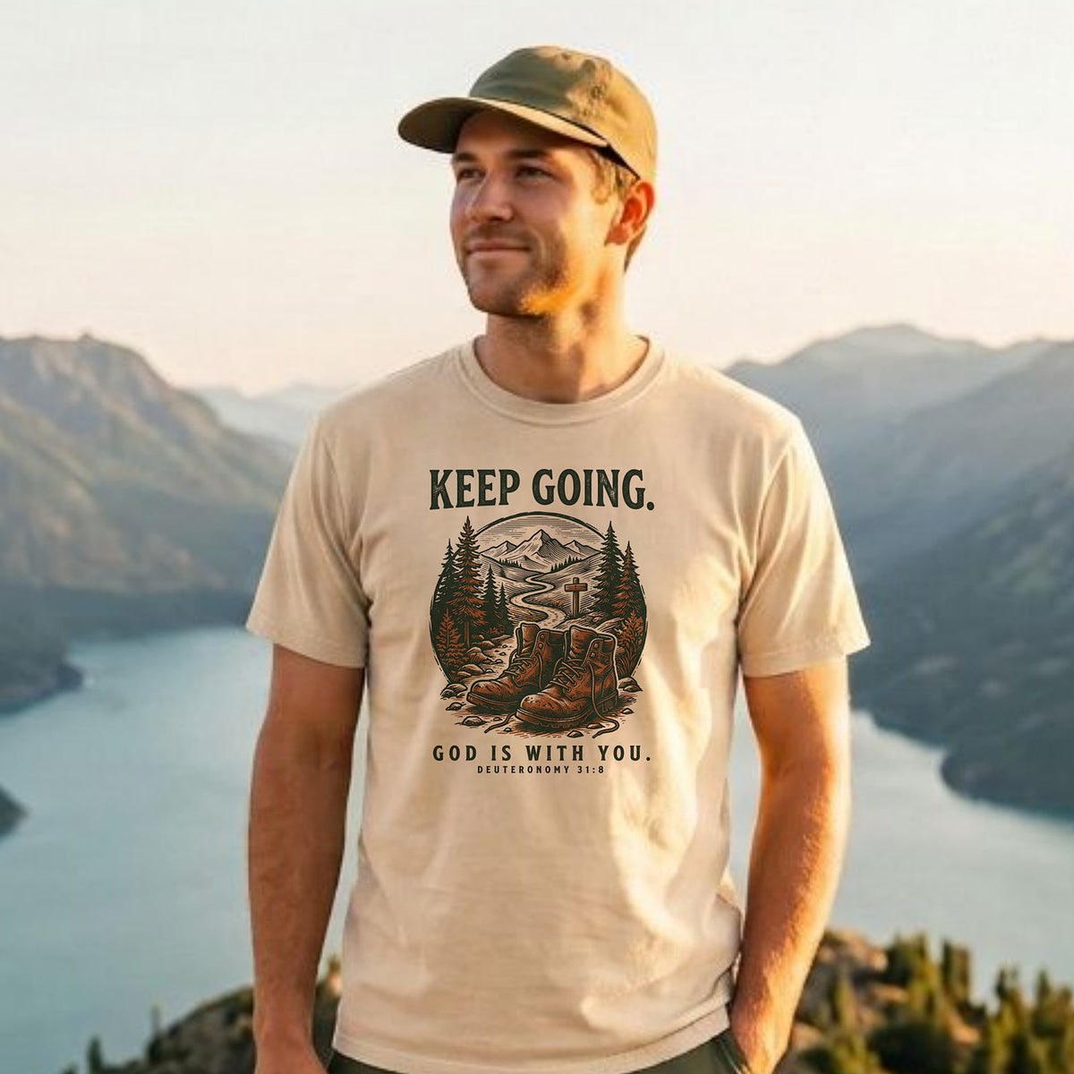 Man wearing an Ivory Keep Going Christian hiking t-shirt by a mountain lake, Deuteronomy 31:8
