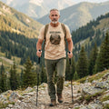 Man hiking in an Ivory Keep Going Christian t-shirt on a mountain trail