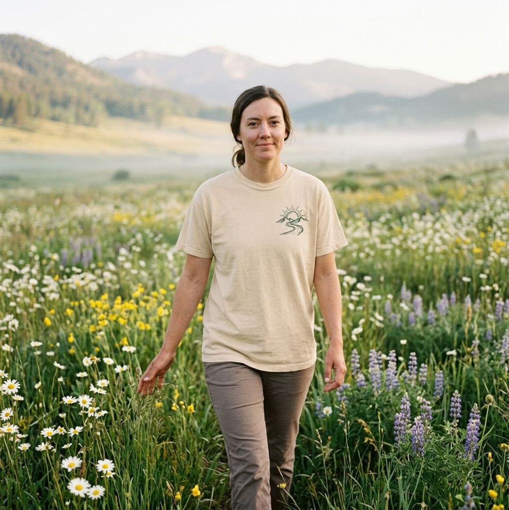 Woman walking through a wildflower meadow wearing the Ivory New Mercies Christian hiking t-shirt