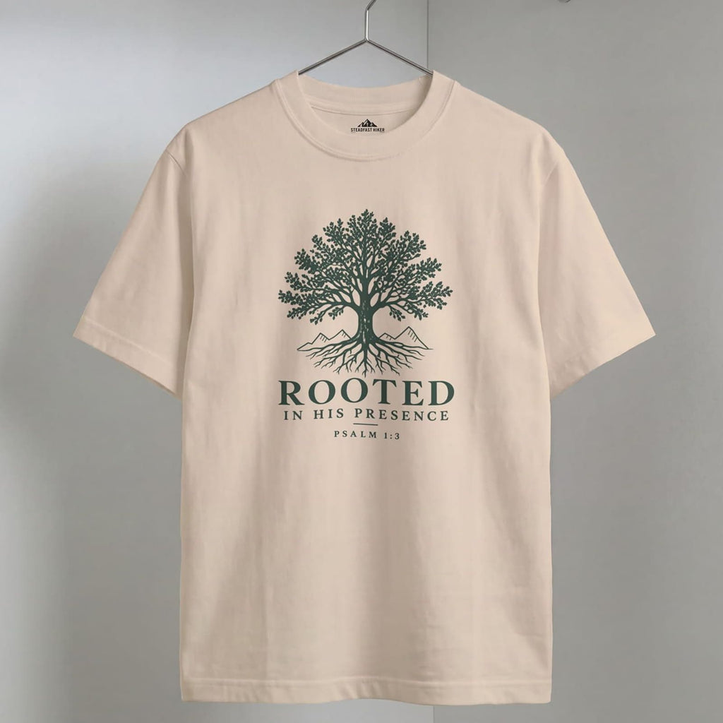 Ivory Rooted Christian hiking t-shirt on a wooden hanger, Psalm 1:3