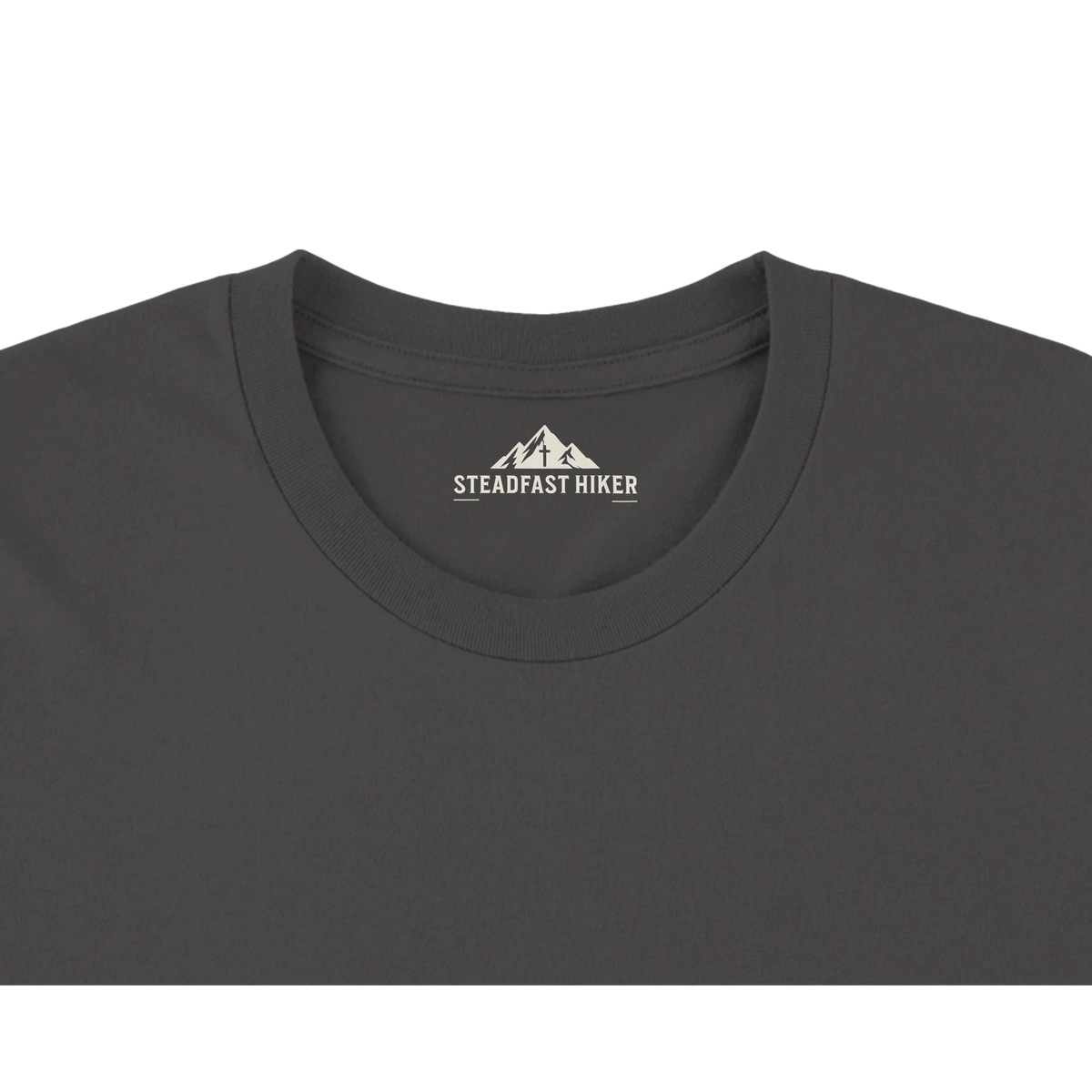Rooted t-shirt neck label with the Steadfast Hiker mountain logo