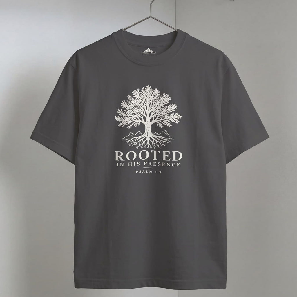 Pepper Rooted Christian hiking t-shirt on a wooden hanger