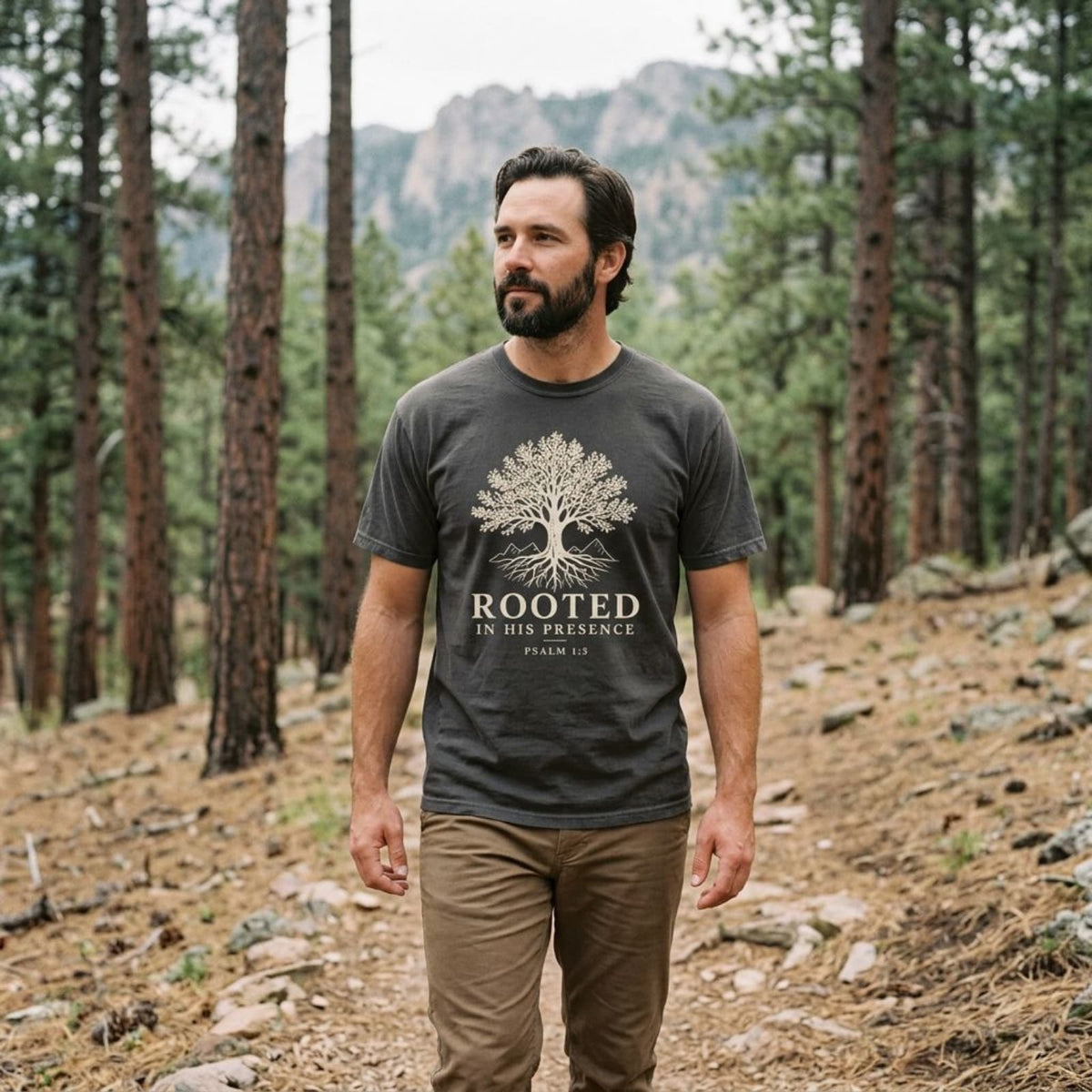 Man hiking a pine forest trail wearing the Pepper Rooted Psalm 1:3 Christian t-shirt