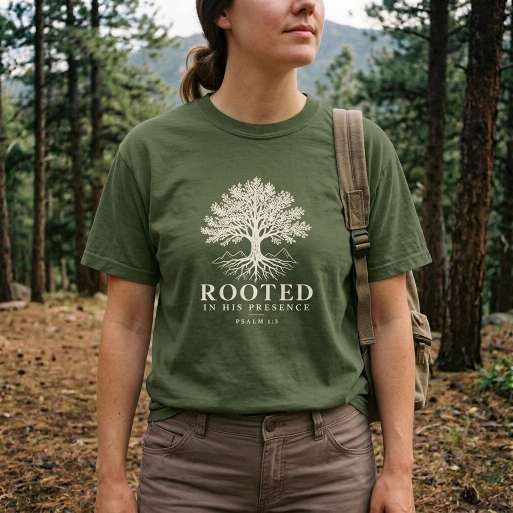 Woman in a pine forest wearing the Sage green Rooted In His Presence Christian hiking t-shirt