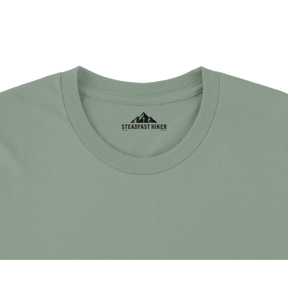 Steadfast Hiker mountain logo neck label inside a Bay Comfort Colors t-shirt