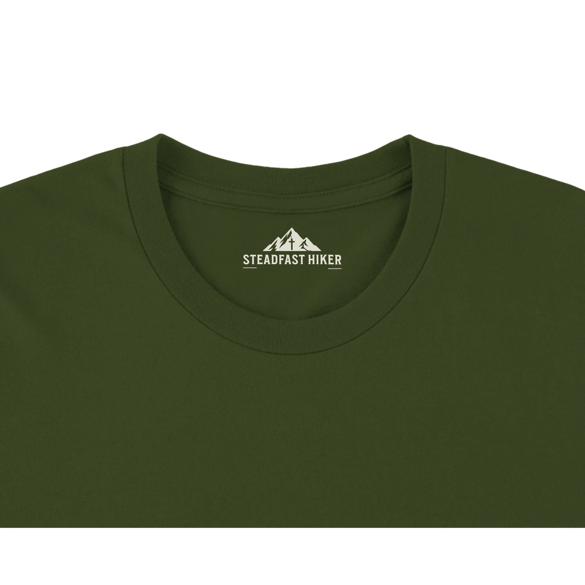 Close-up of Trust the Trail T-shirt neckline and interior label