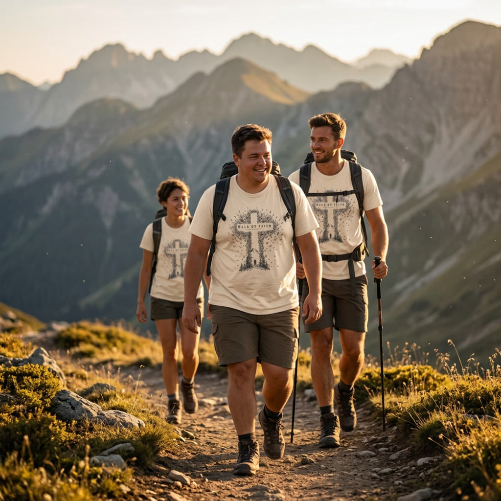 Group of hikers wearing Walk by Faith Christian t-shirts on a mountain trail