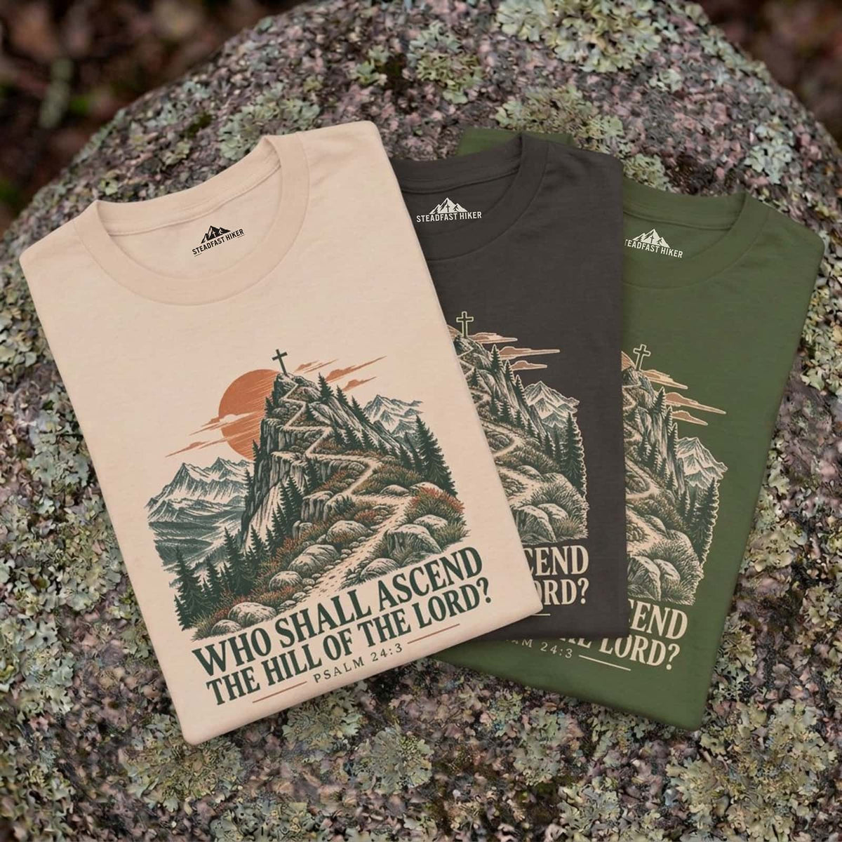 Who Shall Ascend Christian hiking t-shirts in Ivory, Pepper and Sage laid on a rock